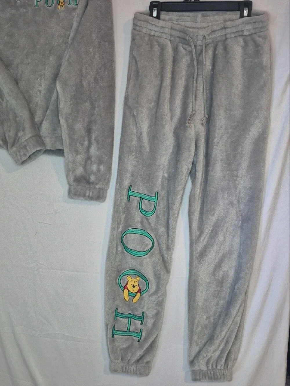 Disney Grey Plush Pooh Jogger Set with Green Embroidery